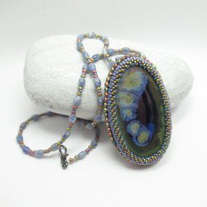 Artisan Cabochon bead Embroidered necklace
